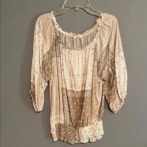 Beige Bandana-Print Peasant Blouse
